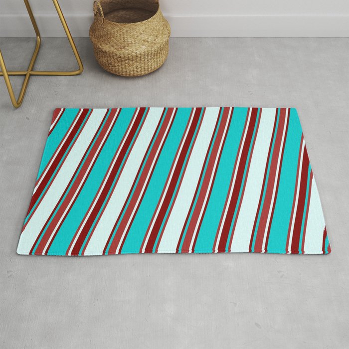 Dark Turquoise, Brown, Light Cyan, and Maroon Colored Lined/Striped Pattern Rug