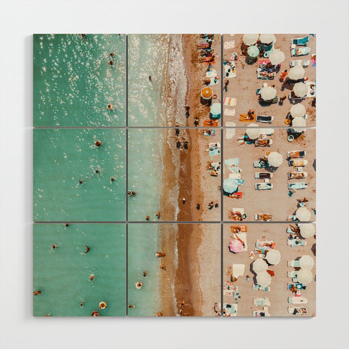 Summer Ocean View, Aerial Beach Umbrellas Seaside Art Print, Teal Sea Horizon Home Decor, Printable Summer Vibes Wood Wall Art