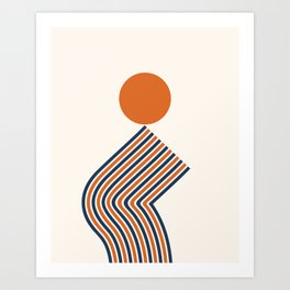 Geometric Lines Sun Rainbow Balance Abstract 4 in Navy Blue and Orange Art Print