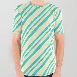 [ Thumbnail: Light Yellow and Turquoise Colored Lined Pattern All Over Graphic Tee ]