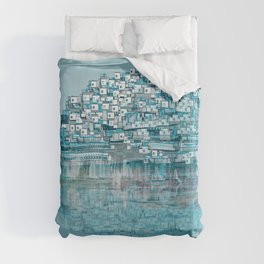 Turquoise Duvet Cover | Digital, Popart, Curated, Houses, Menchulica, Illustration, Reflection, Summer, Beach, Painting 