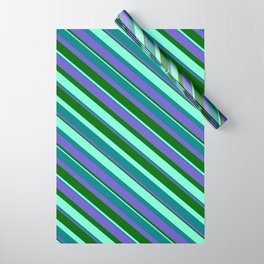[ Thumbnail: Aquamarine, Teal, Slate Blue, and Dark Green Colored Striped Pattern Wrapping Paper ]