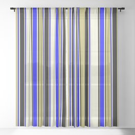[ Thumbnail: Dark Khaki, Blue, Beige, and Black Colored Stripes/Lines Pattern Sheer Curtain ]