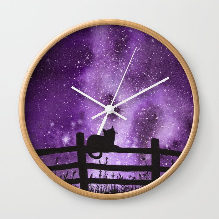 Night Full Of Sky Purple Watercolor Galaxy Painting Wall Clock By