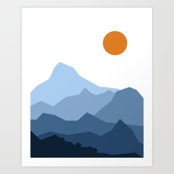 Abstract Blue And Orange Mountain Sunset Landscape Art Print