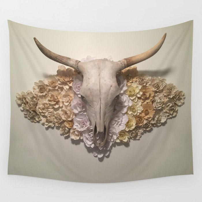 Bohemian Southwestern Steer Skull with Flowers Wall Tapestry