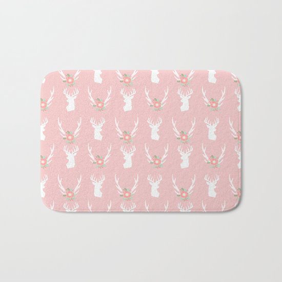 Deer head silhouette with antler flower floral bouquet minimal nursery home decor Bath Mat