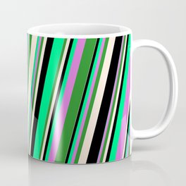 [ Thumbnail: Vibrant Green, Orchid, Forest Green, Beige & Black Colored Striped Pattern Coffee Mug ]