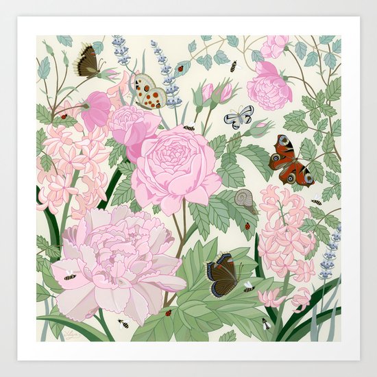 Pink flowers and butterflies Art Print