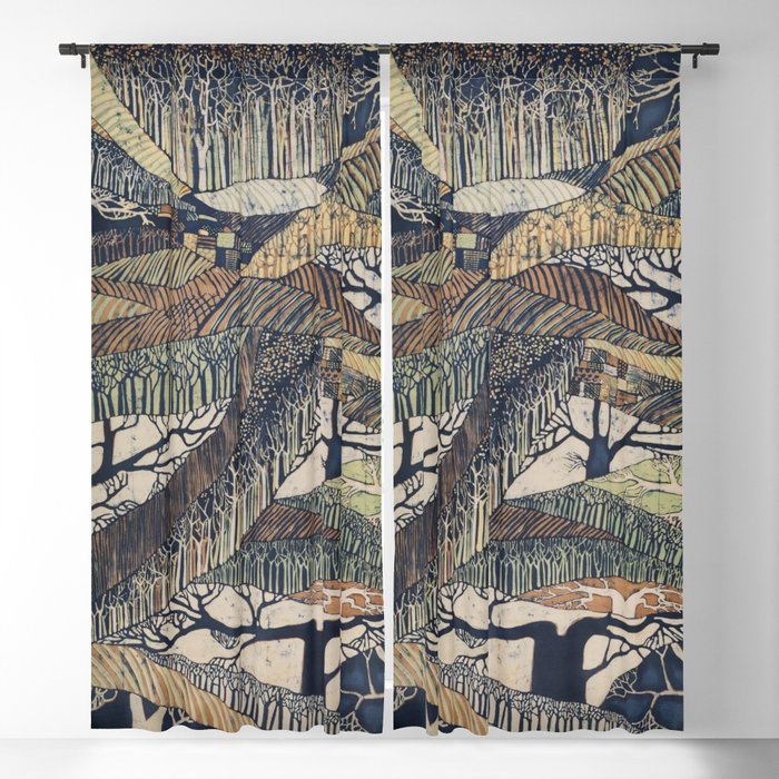 Marching Trees Batik, 1970's Nature Painting in Natural Tones Blackout Curtain