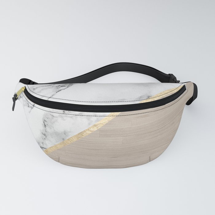 Modern white marble gold stripe wood color block Fanny Pack