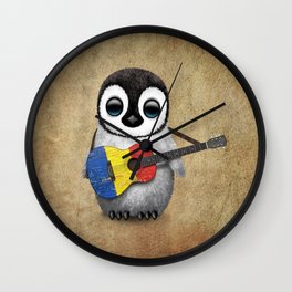 Baby Penguin Playing Romanian Flag Acoustic Guitar Wall Clock