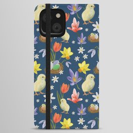 Colorful pattern with easter chicks, easter nests, tulips, daffodils, crocuses, wood anemones iPhone Wallet Case