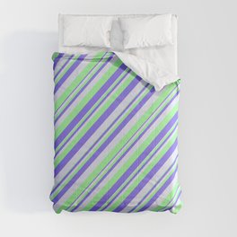 [ Thumbnail: Green, Medium Slate Blue, and Lavender Colored Lines Pattern Comforter ]