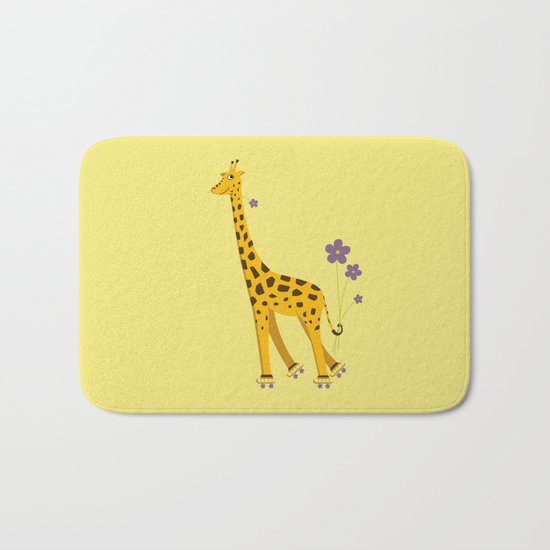 Yellow Funny Roller Skating Giraffe Bath Mat
