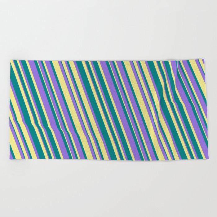 Teal, Purple, and Tan Colored Lines Pattern Beach Towel