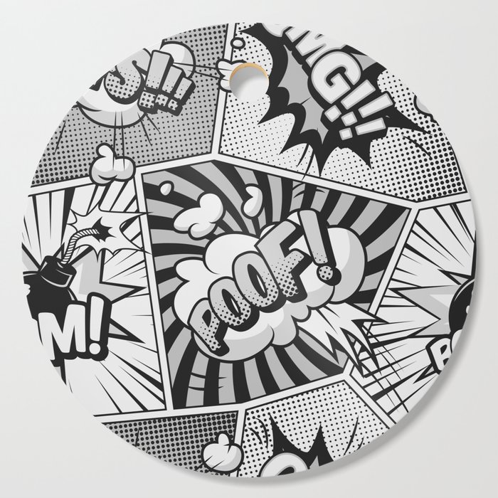 Comic Book Word Art Collage Black and White Cutting Board