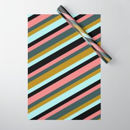 [ Thumbnail: Light Coral, Dark Slate Gray, Dark Goldenrod, Turquoise & Black Colored Lined/Striped Pattern Wrapping Paper ]