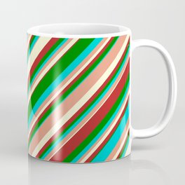 [ Thumbnail: Eyecatching Dark Turquoise, Dark Salmon, Light Yellow, Red & Green Colored Stripes Pattern Coffee Mug ]