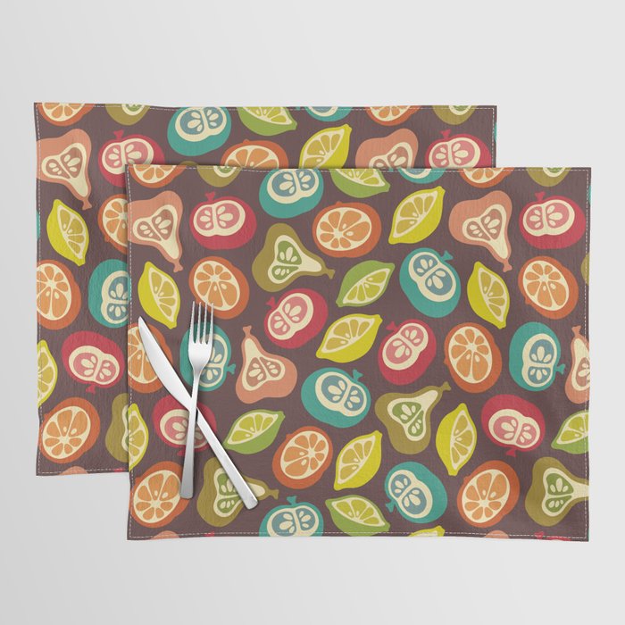 JUICY FRUITS FRESH RIPE FRUIT in RETRO MULTI-COLORS ON BROWN Placemat