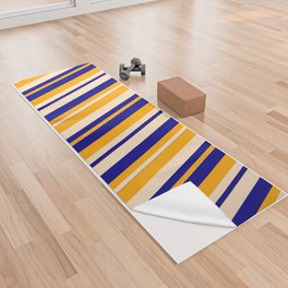 [ Thumbnail: Orange, Blue & Bisque Colored Lined Pattern Yoga Towel ]