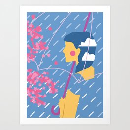 Spring Cherry Blossom Season Rainy Day Girl with Umbrella Art Print