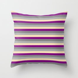 [ Thumbnail: Purple, Gray, Dark Grey, and Tan Colored Lined Pattern Throw Pillow ]