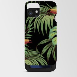 Tropical vintage toucan, palm leaves floral seamless pattern black background. Exotic jungle wallpaper.  iPhone Card Case