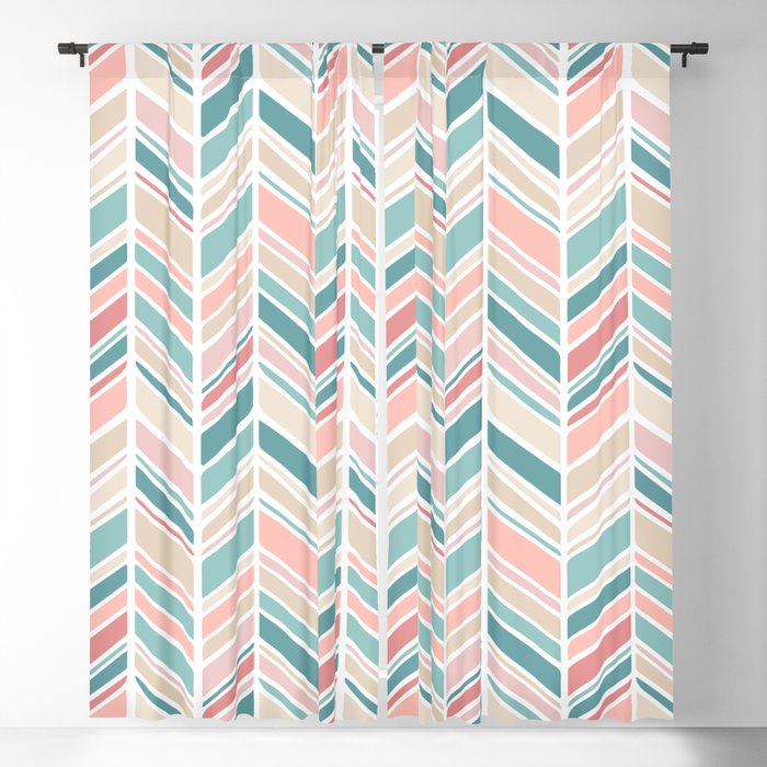 Herringbone Pattern - Cream Coral and Teal Blackout Curtain