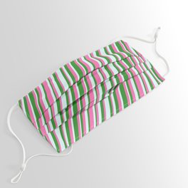 [ Thumbnail: Forest Green, Hot Pink, and Light Cyan Colored Stripes/Lines Pattern Face Mask ]