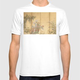 Japanese Edo Period Six-Panel Gold Leaf Screen - Spring and Autumn Flowers T Shirt