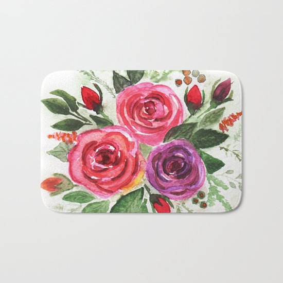 Watercolor floral pattern . Roses. Bath Mat