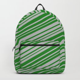 [ Thumbnail: Forest Green & Grey Colored Stripes Pattern Backpack ]