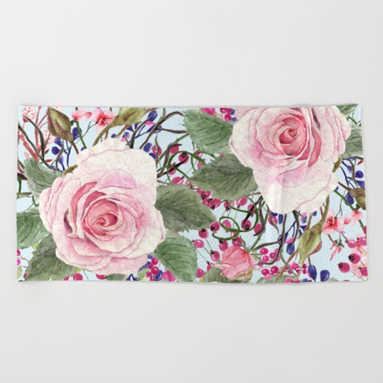 Watercolor Roses #2 Beach Towel
