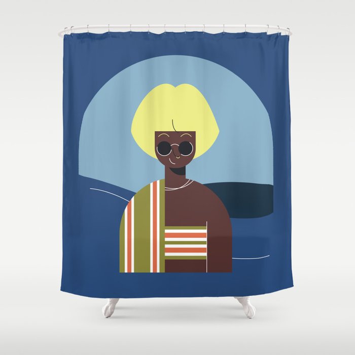 Yellow hair afro girl on the sea Shower Curtain