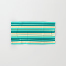 [ Thumbnail: Dark Cyan, Tan & Turquoise Colored Pattern of Stripes Hand & Bath Towel ]