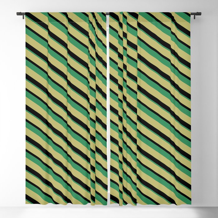 Dark Khaki, Black & Sea Green Colored Lines Pattern Blackout Curtain