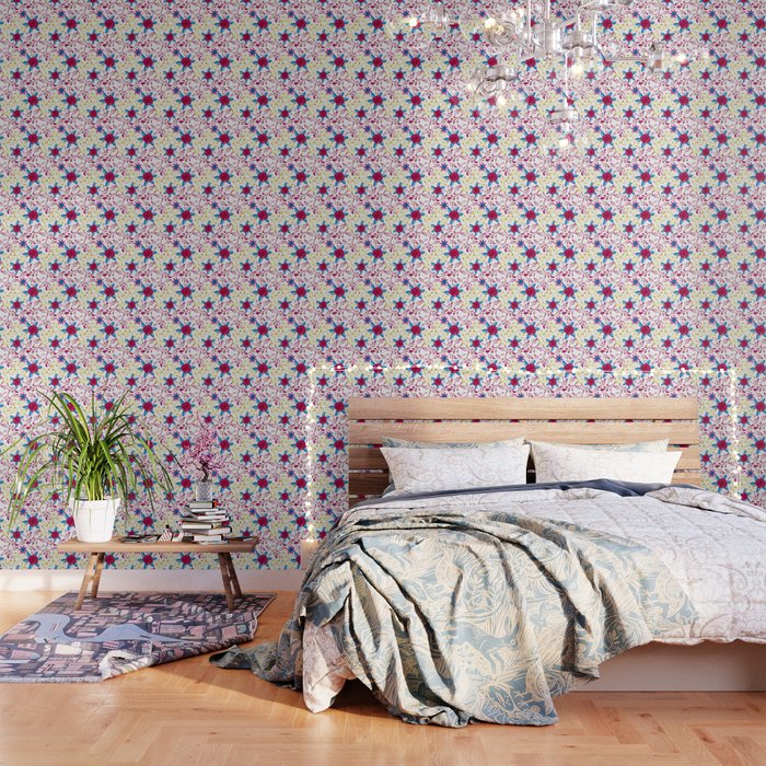 Pink Blue And Yellow Nature Inspired Print Wallpaper By