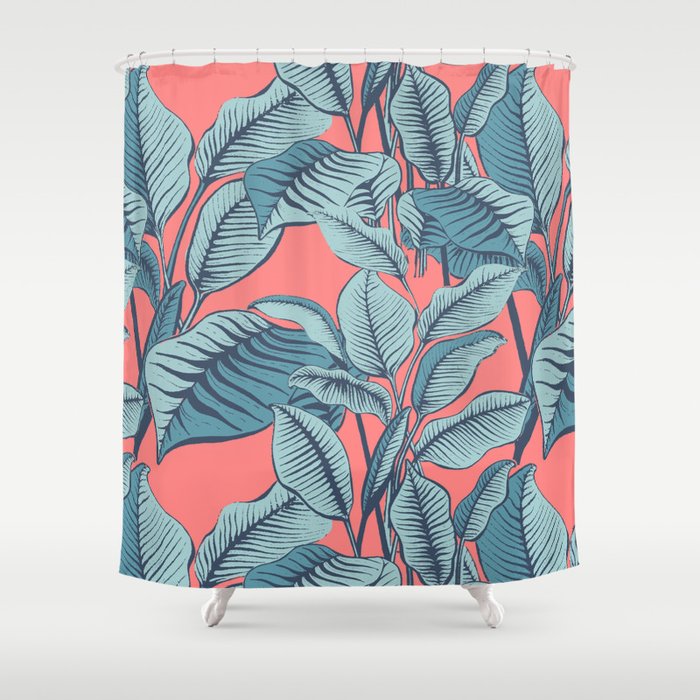 Pink Exotic Tropical Banana Palm Leaf Print Shower Curtain By