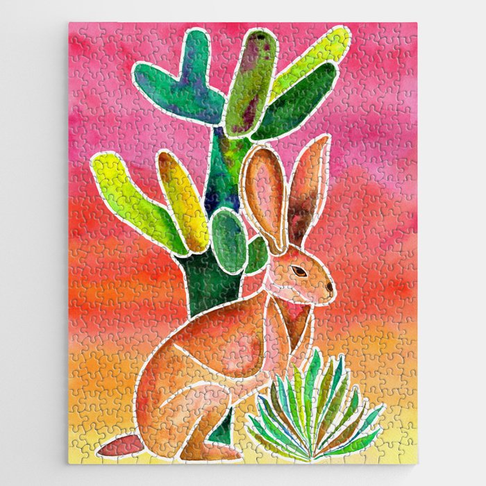 Hare and Cactus - Sunset Ombre Background Jigsaw Puzzle