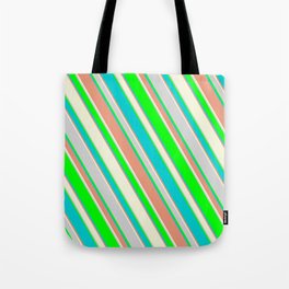 [ Thumbnail: Lime, Dark Turquoise, Dark Salmon, Beige, and Light Gray Colored Stripes/Lines Pattern Tote Bag ]