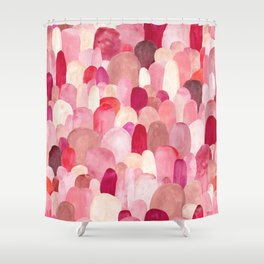 Seamless pattern of pink, red and beige spots. Watercolor illustration.  Shower Curtain