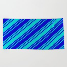 [ Thumbnail: Blue & Dark Turquoise Colored Stripes/Lines Pattern Beach Towel ]