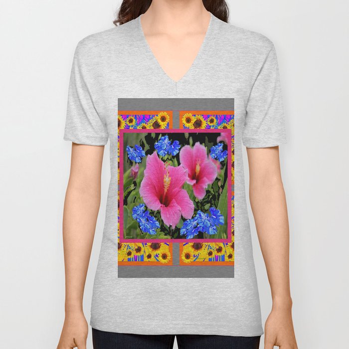 GREY PINK TROPICAL HIBISCUS BLUE-YELLOW FLOWERS V Neck T Shirt