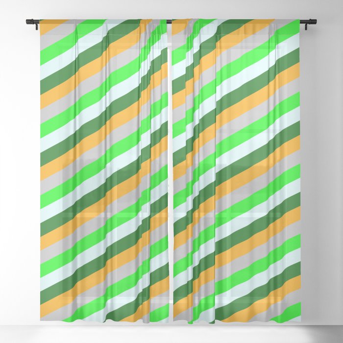 Vibrant Light Cyan, Dark Green, Orange, Grey & Lime Colored Lined/Striped Pattern Sheer Curtain