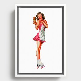 Sexy Brunette Pin Up With Icecream Skates And Maid Dress Framed Canvas