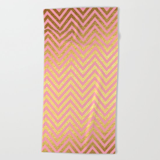 Chevron Herringbone pattern rosegold- gold metal glitter on pink watercolor Beach Towel