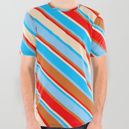 [ Thumbnail: Vibrant Deep Sky Blue, Light Sky Blue, Chocolate, Red & Bisque Colored Striped/Lined Pattern All Over Graphic Tee ]