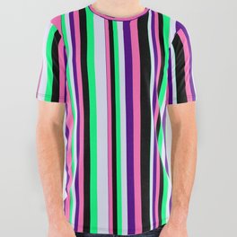 [ Thumbnail: Eye-catching Green, Lavender, Indigo, Hot Pink & Black Colored Lines/Stripes Pattern All Over Graphic Tee ]