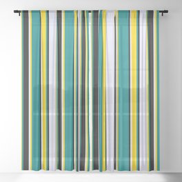 [ Thumbnail: Teal, Yellow, Lavender & Black Colored Striped Pattern Sheer Curtain ]